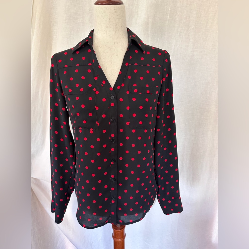 Express Portofino Black & Red Polka Dot 2 Pocket Long Sleeve Slim Blouse XSP